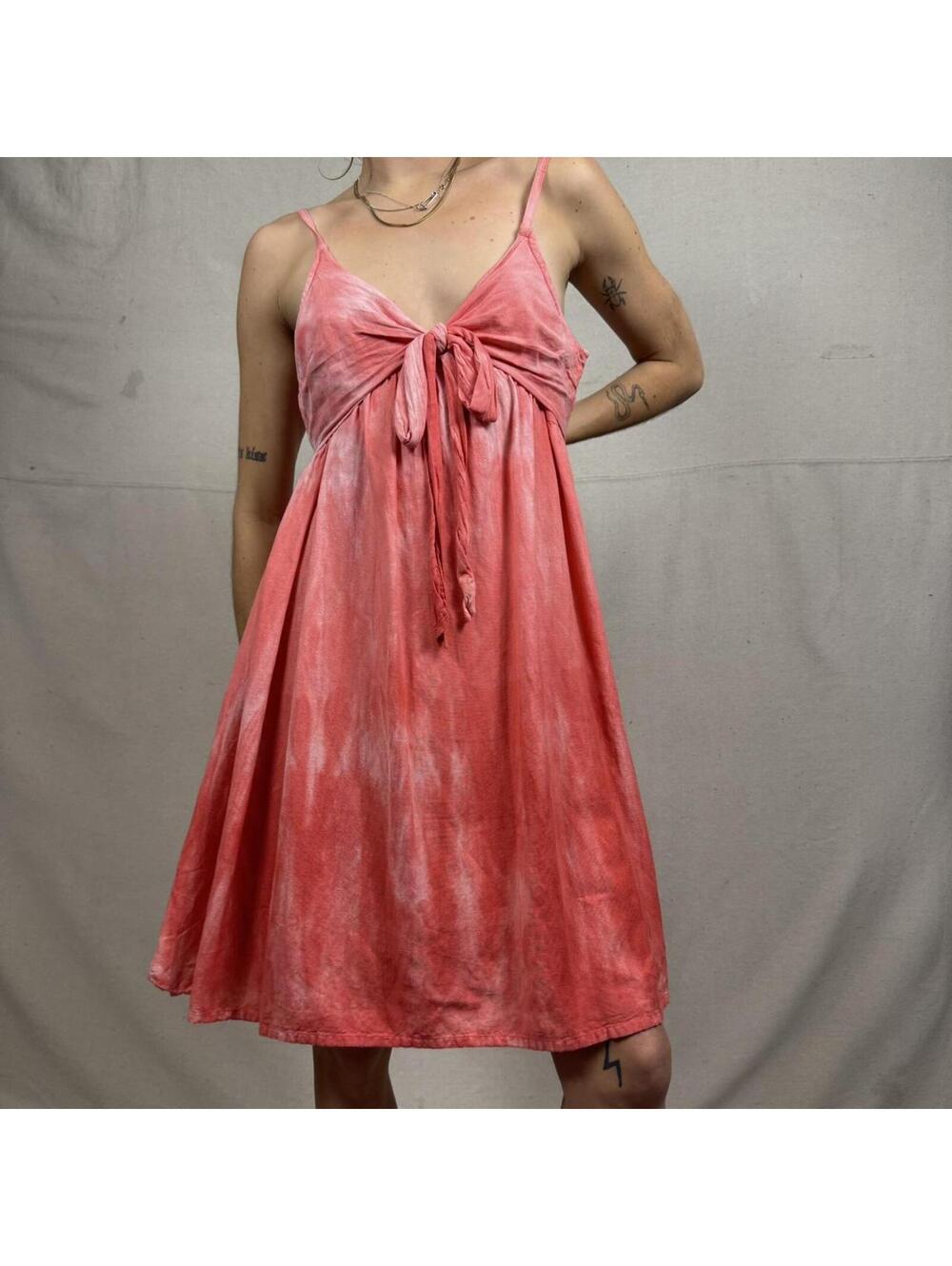 Cotton flax blend pink tie-dye day dress with tie front